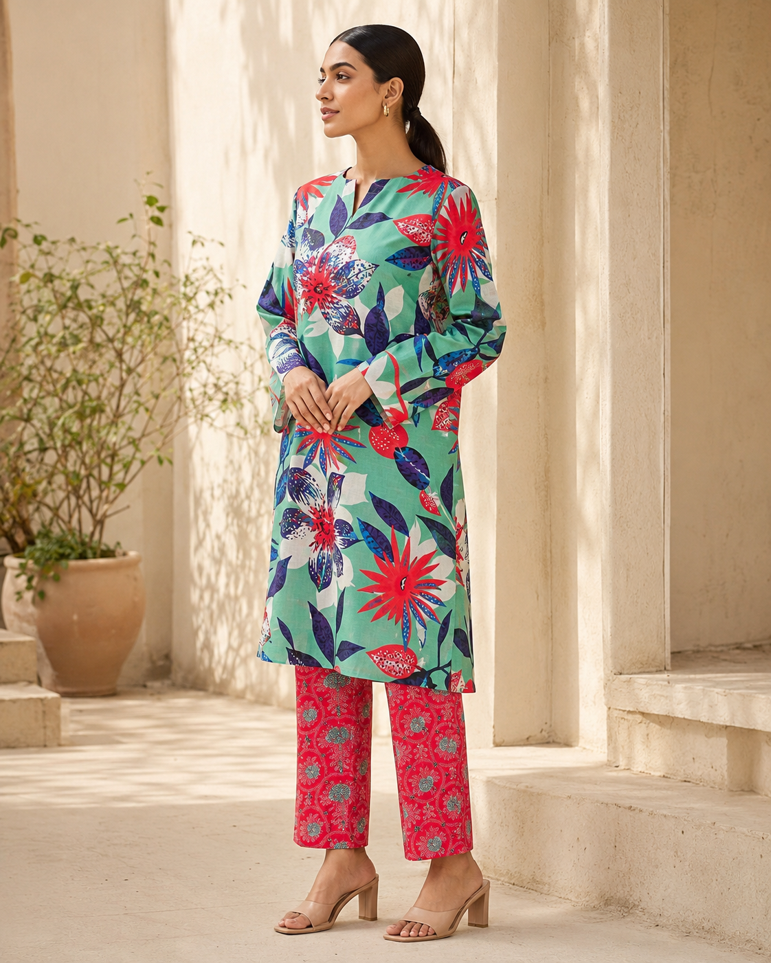 Aqua Garden Printed Cotton 2-Piece Unstitched Suit - Image 4