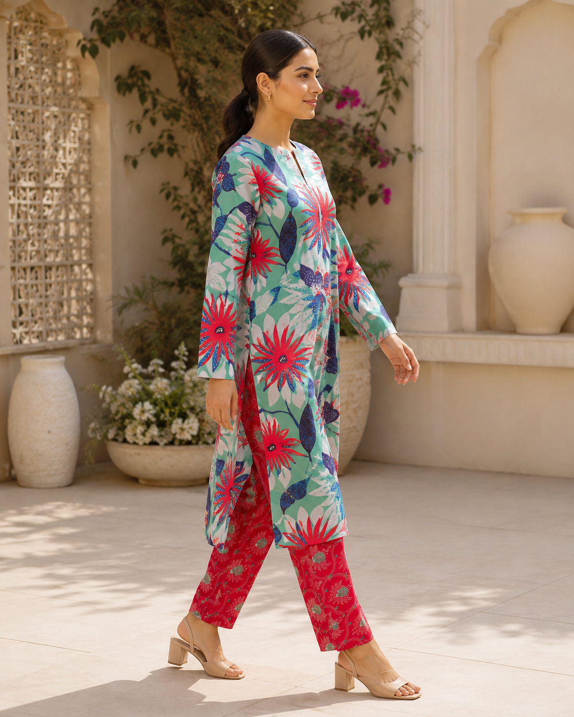 Aqua Garden Printed Cotton 2-Piece Unstitched Suit - Image 3