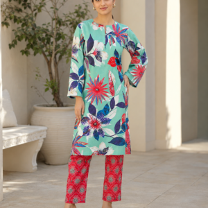 Aqua Garden Printed Cotton 2-Piece Unstitched Suit