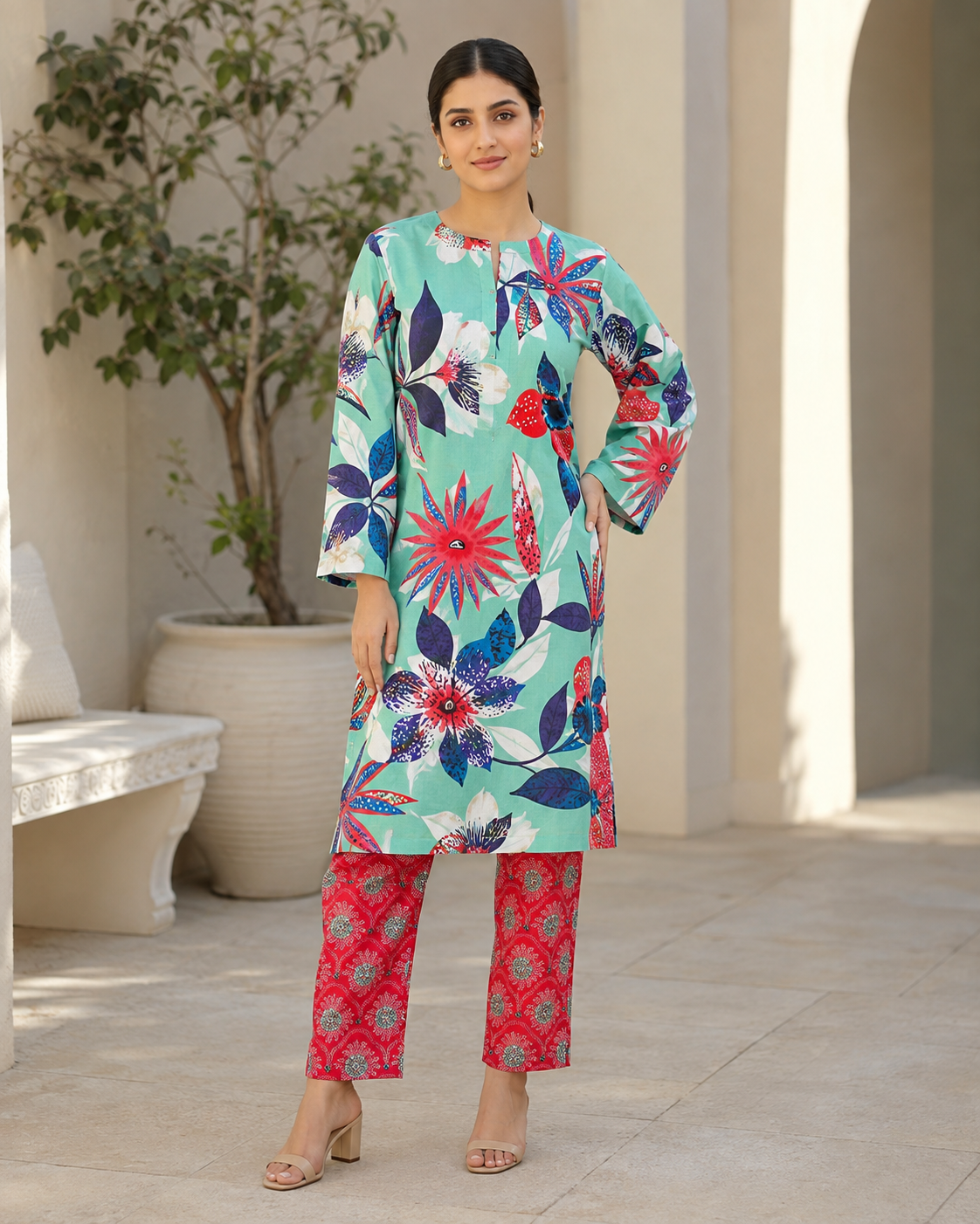 Aqua Garden Printed Cotton 2-Piece Unstitched Suit