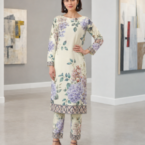 Ivory Hydrangea Printed Cotton 2-Piece Unstitched Suit