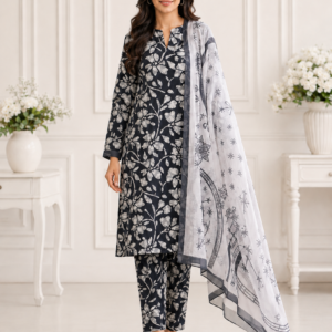 Midnight Ivory Bloom Printed Lawn 3-Piece Unstitched Suit