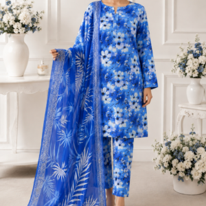 Royal Azure Bloom Printed Lawn 3-Piece Unstitched Suit