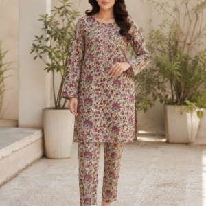 Vintage Garden Printed Cotton 2-Piece Unstitched Suit