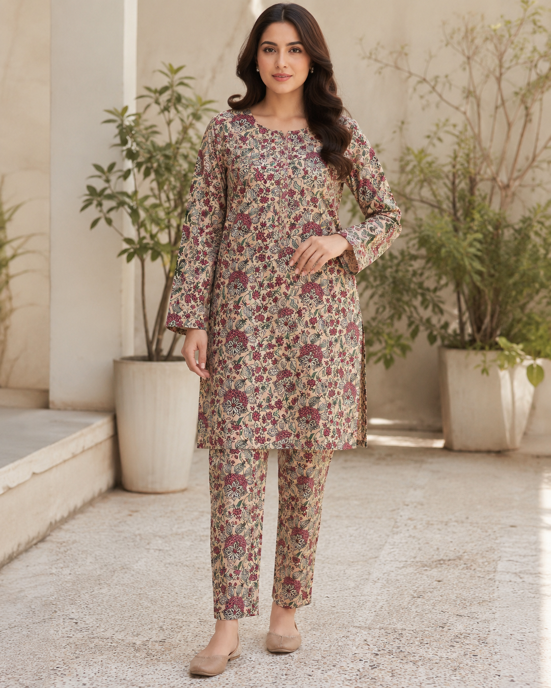 Vintage Garden Printed Cotton 2-Piece Unstitched Suit